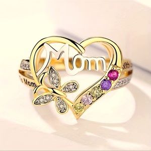 NEW—Stylish Heart and Butterfly Mom ring. Gold ring with mom done in silver.